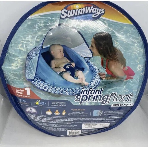 SwimWays Infant Baby Spring Float Blue Swim Step 1 Float Sun Canopy New - Picture 8 of 12